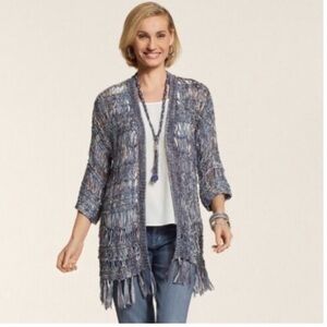 Chico's Boho Denim Blue Open-Knit Crochet Cardigan with Fringe Grey Blue NWT